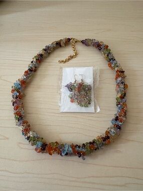 Multicolor Chip Bead Necklace with Matching Earrings - Gold Chain